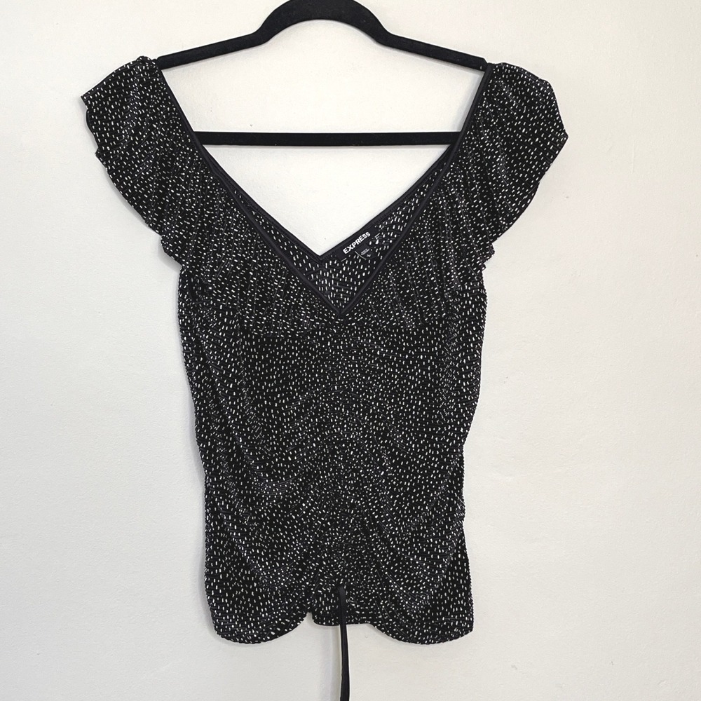 EXPRESS Women's S Y2K Grunge Glam Black White Polka Dot Ruched Double-V Neck Top